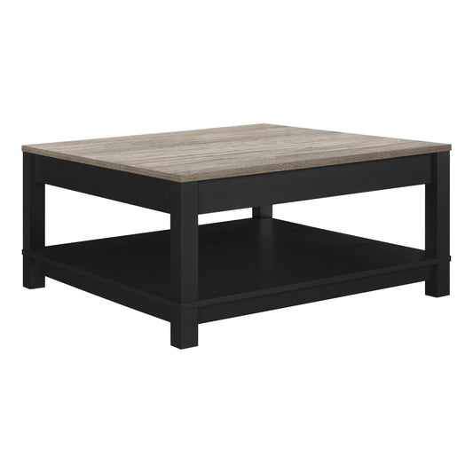 Ameriwood Home Carver Coffee Table with Open Storage, Matte Black Paint and Distressed Wood Grain Accents - WoodArtSupply