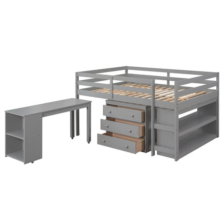 Solid Wood Full-Size Low Loft Bed with Integrated Desk, Cabinet, and Bookshelf in Pure Gray Merax