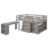 Low Loft Bed Full Size with Desk and Storage, Solid Wood Low Loft Bed Frame with Cabinet, Shelves and Rolling Portable Desk, Multiple Functions Loft Bed Frame for Kids Teens Adults (Gray) Harper & Bright Designs