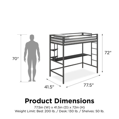 Novogratz Maxwell Grey Metal Twin Loft Bed with Integrated Desk & Shelves - WoodArtSupply