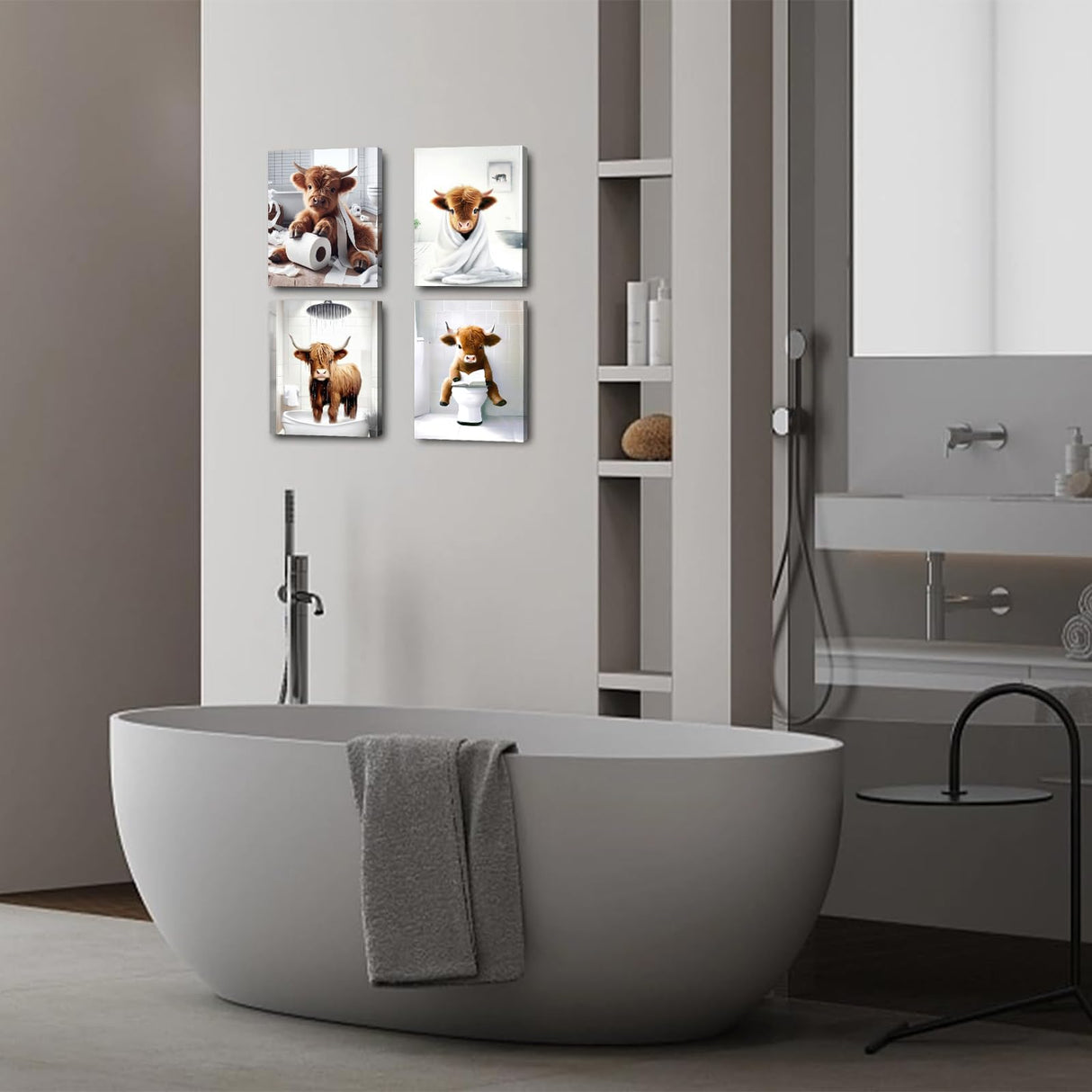 Framed Bathroom Decor Wall Art,Funny Highland Cow in Bathroom,Rustic Farmhouse Bathroom Wall Art,Funny Bathroom Wall Decor Signs,Cute Animal Art Prints for Bathroom(Framed,8x10inx4pcs) TWNSLLA