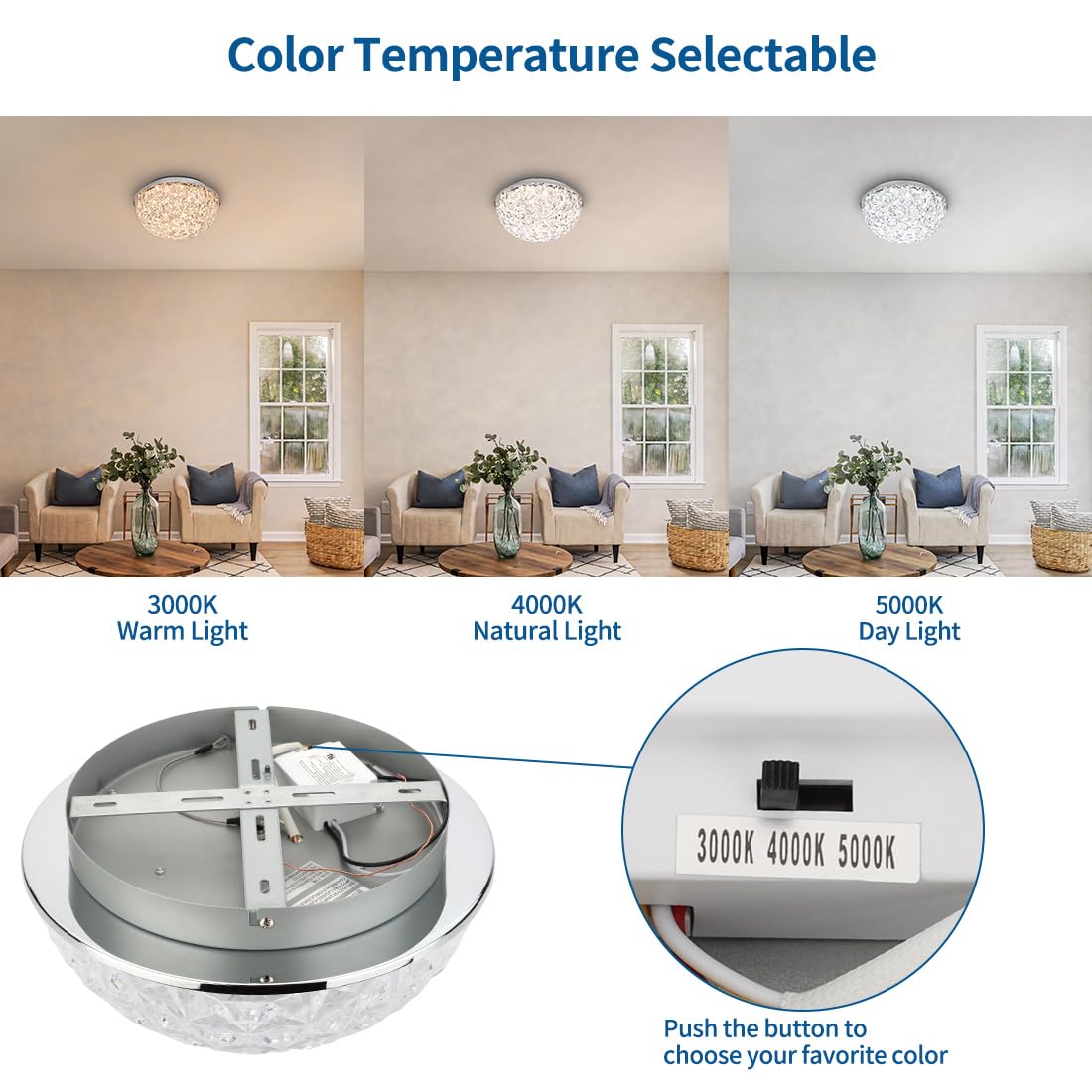 DAKASON LED Ceiling Light Fixture Flush Mount, Crystal Chandelier Modern Ceiling Light for Kitchen, Hallway, Living Room, Foyer, Closet, 12In 15W 1640LM, 3/4/5000K CCT Selectable, Dimmable DAKASON