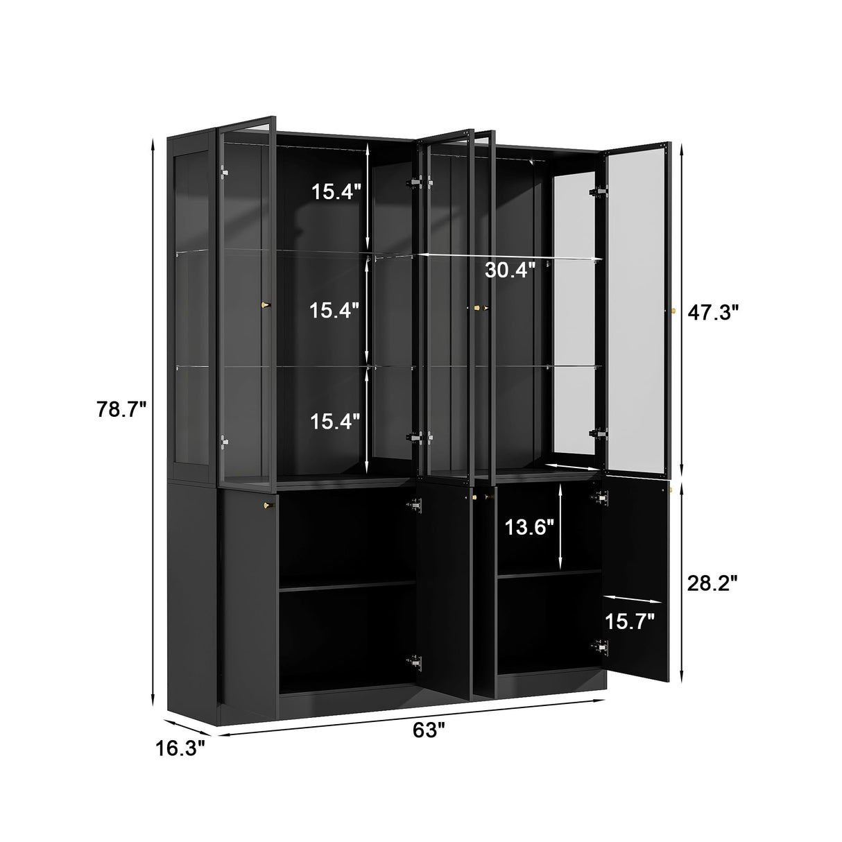 Timechee Large Glass LED Book Shelf, Tall Black Bookcase Storage Cabinet with Tempered Glass Doors and Shelves, Lighted Display Cabinet for Collections, Modern Wide Bookshelf for Living Room, Bedroom Timechee