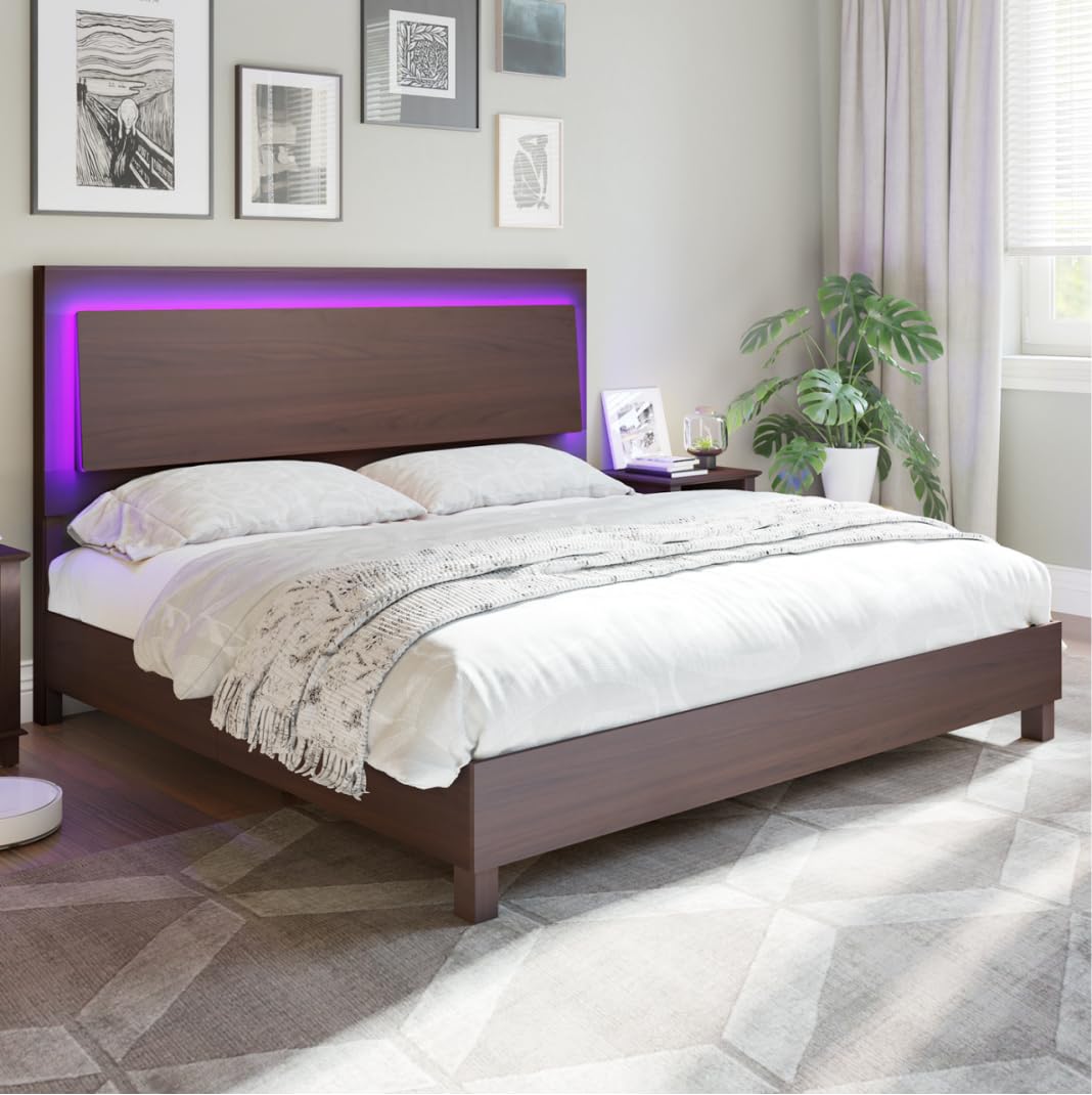 LUXOAK Mid-Century Queen Bed Frame with Floating LED Headboard in Cherry Wood - WoodArtSupply