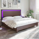 LUXOAK Mid-Century Modern King Size Wood Bed Frame with RGBW LED Light and Floating Headboard - Cherry LUXOAK