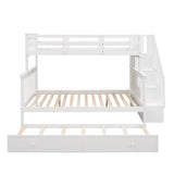 MERITLINE Twin Over Full Bunk Bed with Trundle, Wooden Bunk Bed with Stairway, Storage and Guard Rail for Kids, Adults (White) MERITLINE
