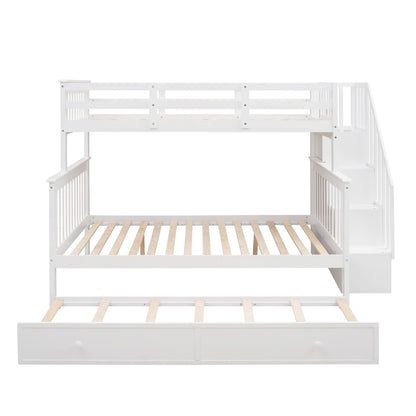 MERITLINE Twin Over Full Bunk Bed with Trundle, Wooden Bunk Bed with Stairway, Storage and Guard Rail for Kids, Adults (White)