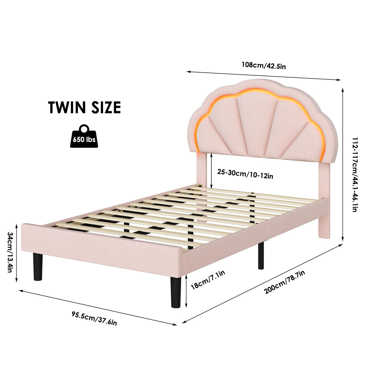 HIFIT Twin Upholstered Smart LED Bed Frame with Adjustable Chic Petal Headboard, Princess Twin Size Platform Bed Frames for Kids/Girls, Wooden Slats Support, No Box Spring Needed, Easy Assembly, Pink HIFIT