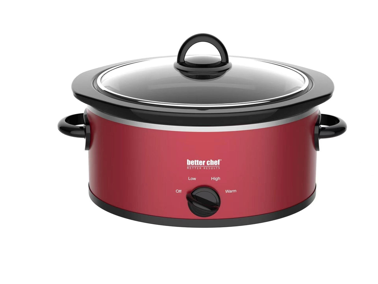Better Chef Oval Slow Cooker | 3-Quart | 3-Tempature Settings | Side Handles | Glass Lid | Enamel Stoneware Insert (Red) Better Chef