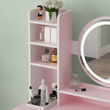 FUFU&GAGA Pink Vanity Set with Round Lighted Mirror, Makeup Vanity Dressing Table with 5 Drawers, Shelves, Dresser Desk and Cushioned Stool FUFU&GAGA