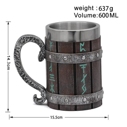 nordic viking rune mug Beer tankard Cup for men viking gift norse decor stainless steel wooden viking coffee cool mug viking gift for men beer cup stein - WoodArtSupply