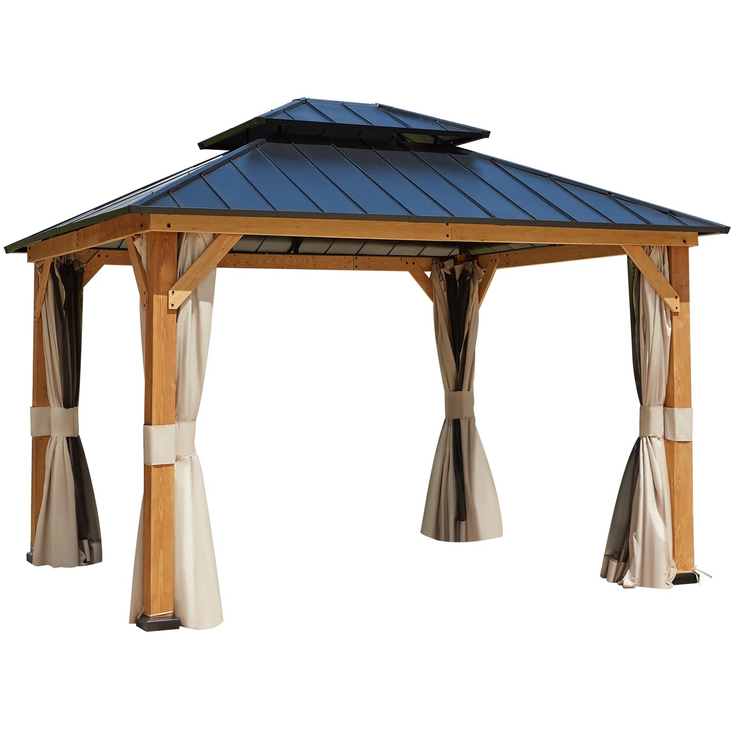 YOLENY 11' x 13' Spruce Wood Gazebo, Outdoor Hardtop Gazebo with Privacy Curtains and Mosquito Netting for Patio, Garden, Backyard