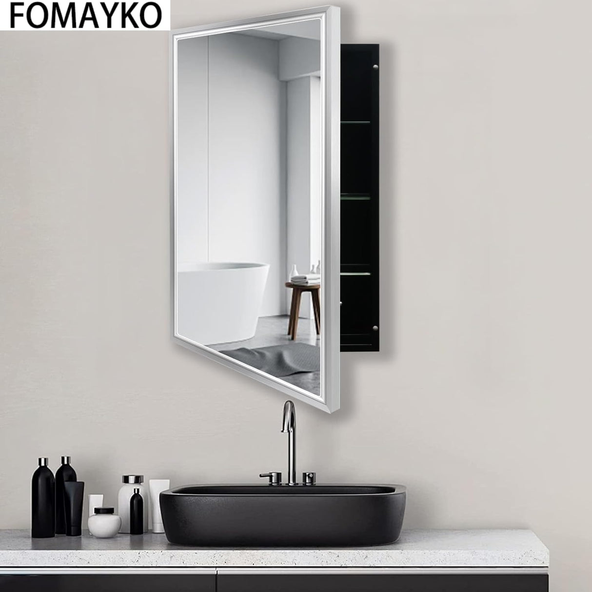 FOMAYKO Modern Medicine Cabinet Mirror Storage for Bathroom Bedroom Surface/Recessed Mount with 3 Shelves (16"x26", Brushed Silver) FOMAYKO