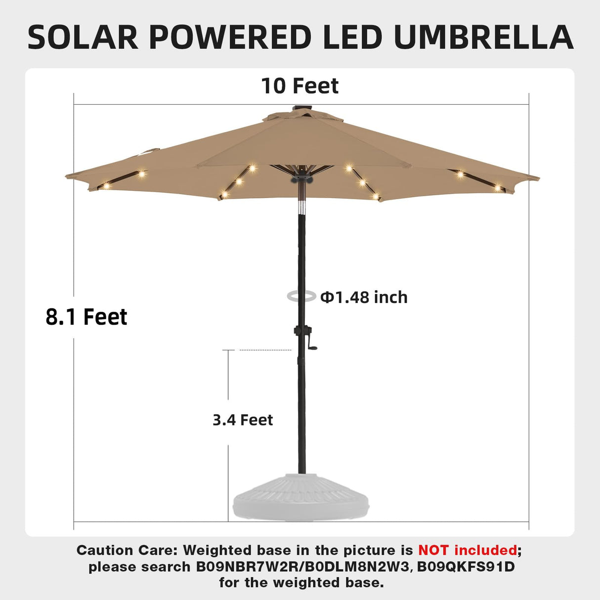 wikiwiki 10ft Solar Led Patio Umbrella, Sturdy Outdoor Market Umbrella for Deck, Pool, Garden w/Tilt, Crank, 32 LED Lights, Tan wikiwiki