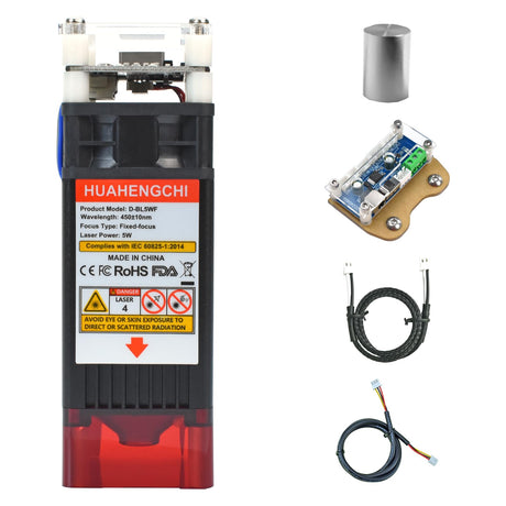 HUAHENGCHI 5000mW(5W) Laser Engraver Module w/Wind Gathering Hood, 450nm 23mm Fix Focus Laser Head for CNC Machines, DIY Laser Engraving Tool Suitable for Metal Wood Acrylic Paper, Class 4, 12V HUAHENGCHI