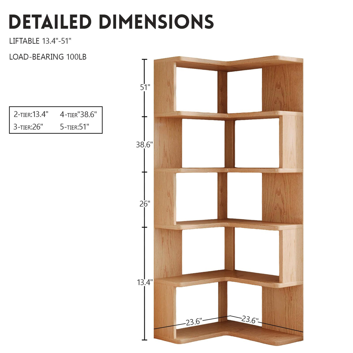 2, 3, 4, 5 Tier Corner Bookshelf, Wood Small Bookcase with Open Shelf Units, Natural Oak Modern Mid Century Corner Book Shelf for Bedroom, Living Room, Home Office, Natural (5-Shelf) Generic