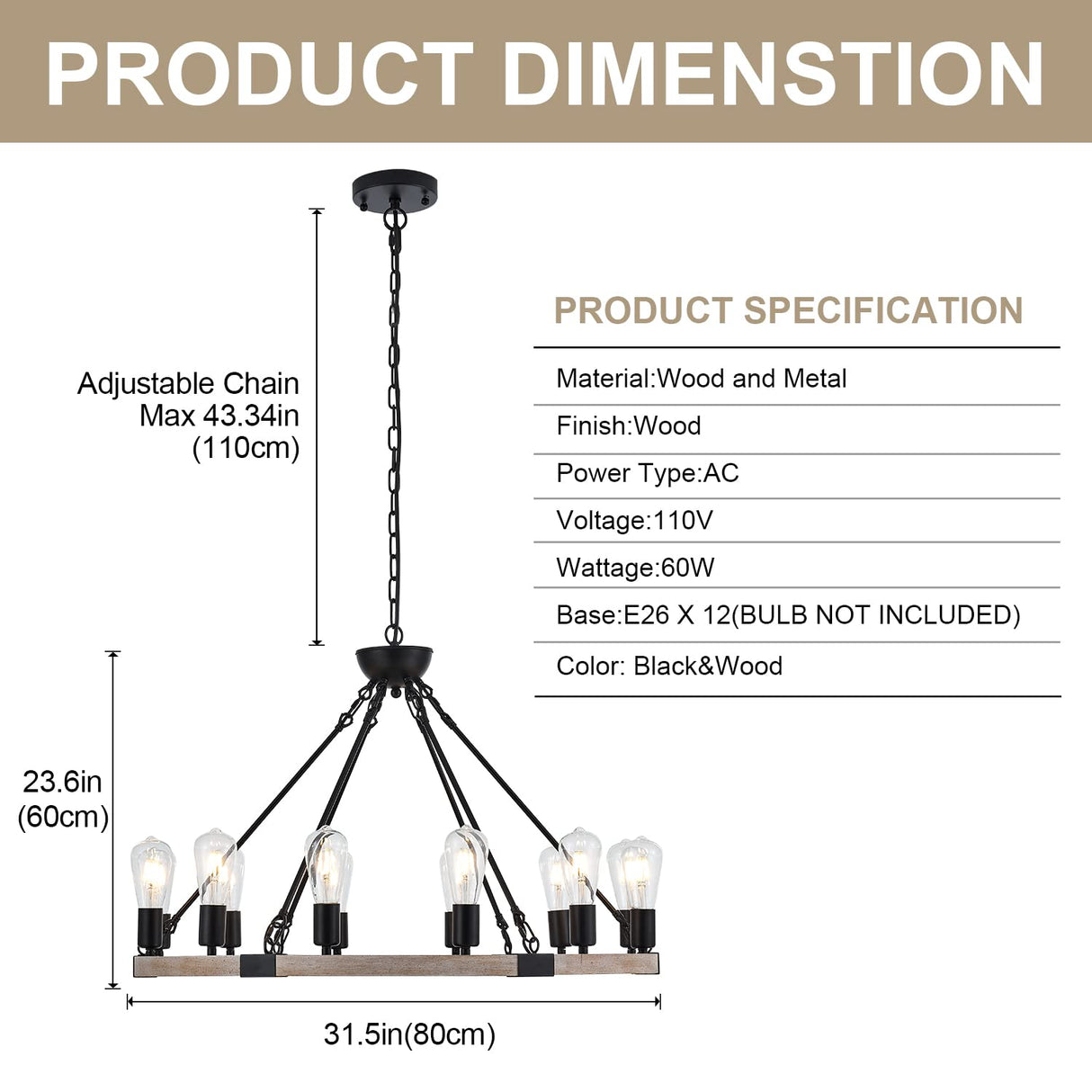 brfaixla 12-Light Wooden Wagon Wheel Chandelier Farmhouse, 31.5'' Black&Cream Colored Chandelier Pendant Light for Living Room, Industrial Rustic Round Wood Chandeliers for Dining Room Entryway Porch brfaixla