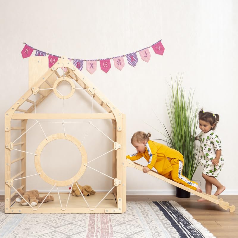 Woodandhearts Toddler Gym Playhouse, Indoor Playground, Toddler Playground, Montessori Climbing Set (Ramp, Natural Wood) Wood And Hearts