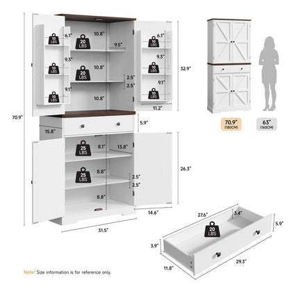 ONBRILL 71" Tall Farmhouse Kitchen Pantry with 6 Door Shelves & Drawer, Wood Pantry Storage Cabinet with 2 Adjustable Shelves & 4 Barn Doors, Freestanding Cupboard for Kitchen, Dining Room, W - WoodArtSupply