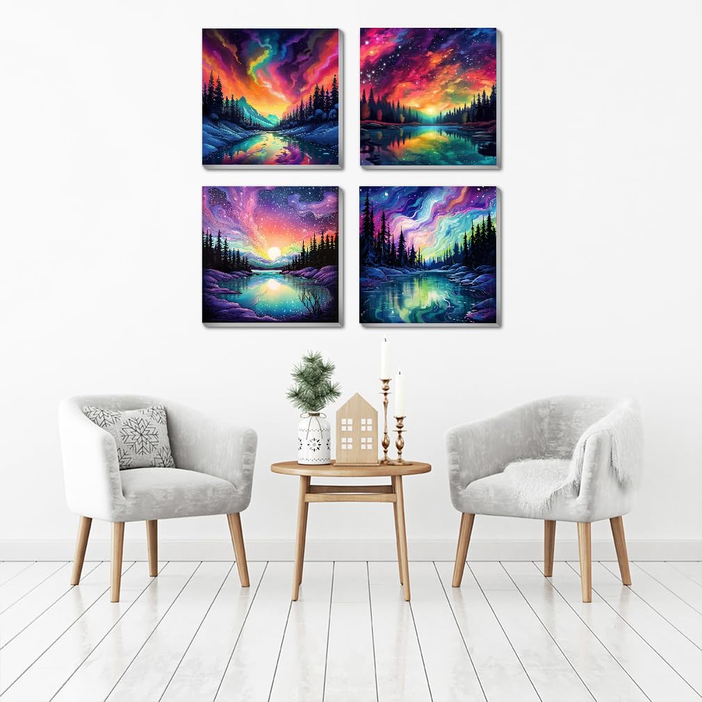 FQOVKYN 4 Pack Landscape Paint by Number for Adults Framed Canvas, DIY Aurora Arts and Crafts for Adults Beginner with Paint Brushes, Acrylic Paint Set for Home Wall Decor, 8 * 8 Inch FQOVKYN