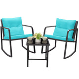 Greesum 3 Pieces Rocking Rattan Wicker Bistro, Patio Furniture Set with Soft Cushion and Glass Coffee Table, Design for Poolside Yard Garden, Blue Greesum