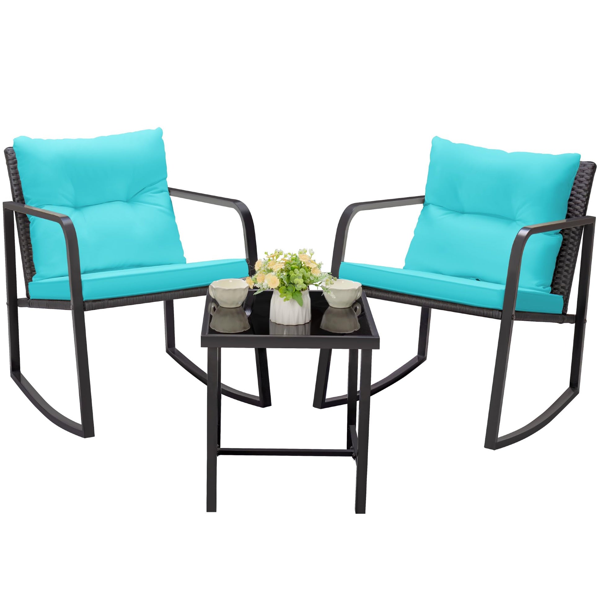 Greesum 3 Pieces Rocking Rattan Wicker Bistro, Patio Furniture Set with Soft Cushion and Glass Coffee Table, Design for Poolside Yard Garden, Blue - WoodArtSupply