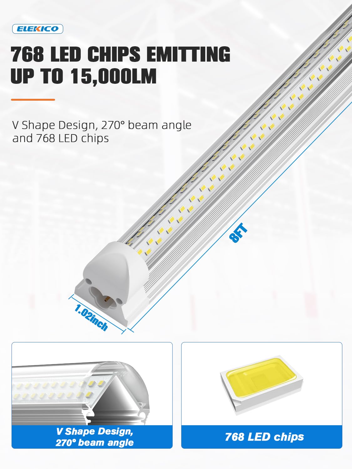 ELEKICO 8FT LED Shop Light, Super Bright 100W Shop Lights, 15000LM 5000K 8 Foot Led Lights, Linkable 96" LED Shop Lights Lighting for Garage with Plug, V Shape T8 8' Led Light Fixtures 10 Pack ELEKICO