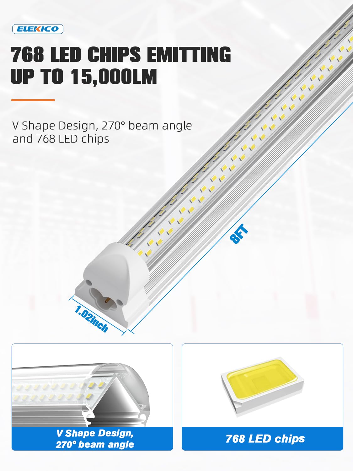 ELEKICO 8FT LED Shop Light, Super Bright 100W Shop Lights, 15000LM 5000K 8 Foot Led Lights, Linkable 96" LED Shop Lights Lighting for Garage with Plug, V Shape T8 8' Led Light Fixtures 10 Pac - WoodArtSupply