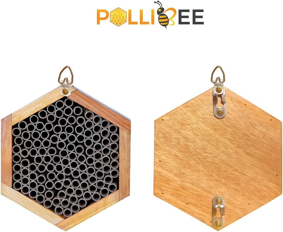Mason Bee House - Handmade Natural Wooden Bee Hive Coated with Wax for Water-Proof and Long Service Life - Attracts Peaceful Bee Pollinators to Your Garden,Carpenter Bee Houses for Garden POLLIBEE