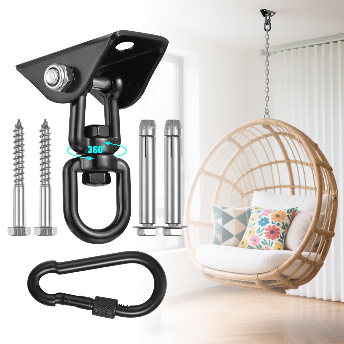 Hammock Hanging kit,360°Rotating 1200 lb Capacity Heavy Duty,Hanger & Swing Hook Snap for Concrete Wood,Hammock,Veranda Seat,Chair,Swing Sets,Yoga and Gym（Without Chain ） YOSE