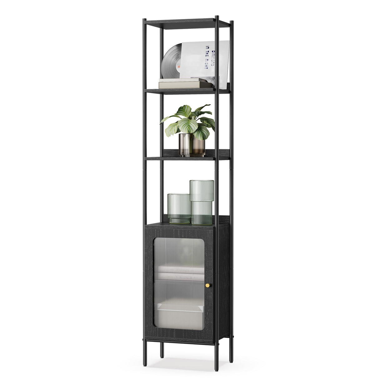 VASAGLE Slim 6-Tier Bookcase with PC Door and Adjustable Shelves in Ebony Black and Matte Black VASAGLE