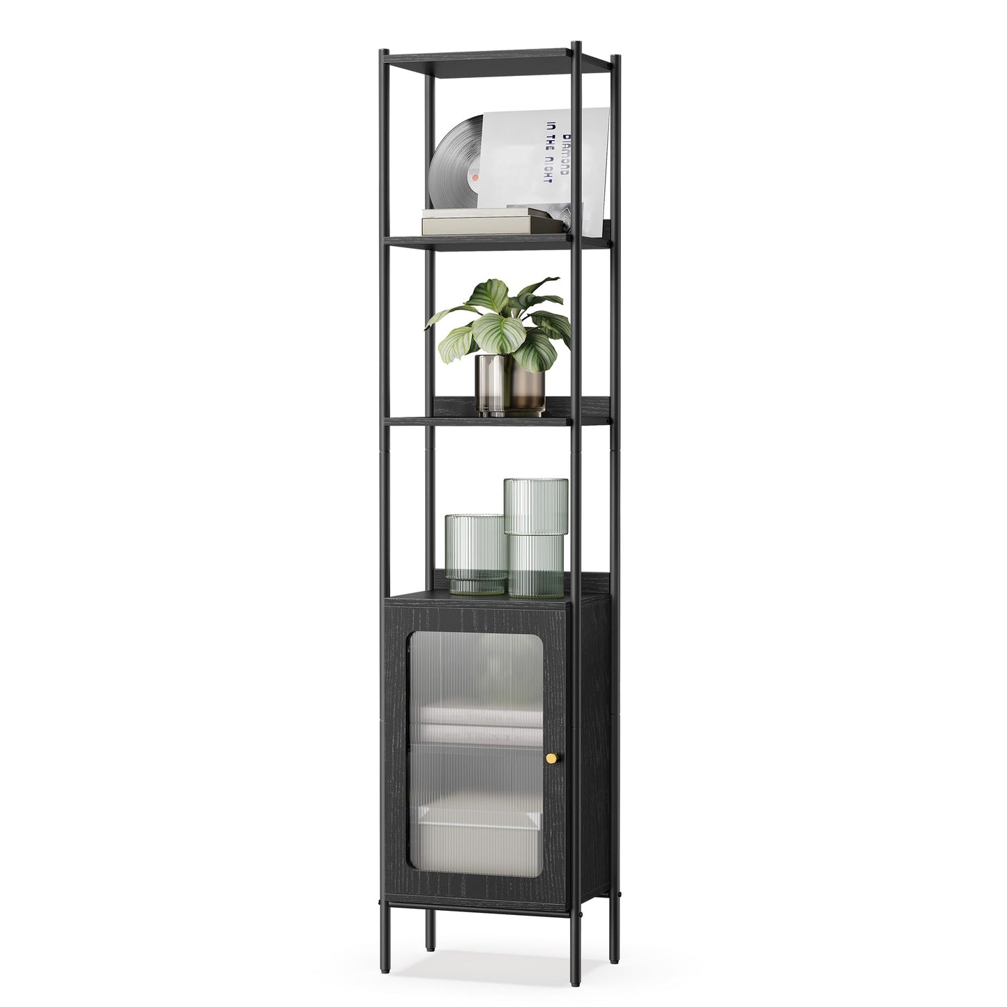 VASAGLE Slim 6-Tier Bookcase with PC Door and Adjustable Shelves in Ebony Black and Matte Black - WoodArtSupply