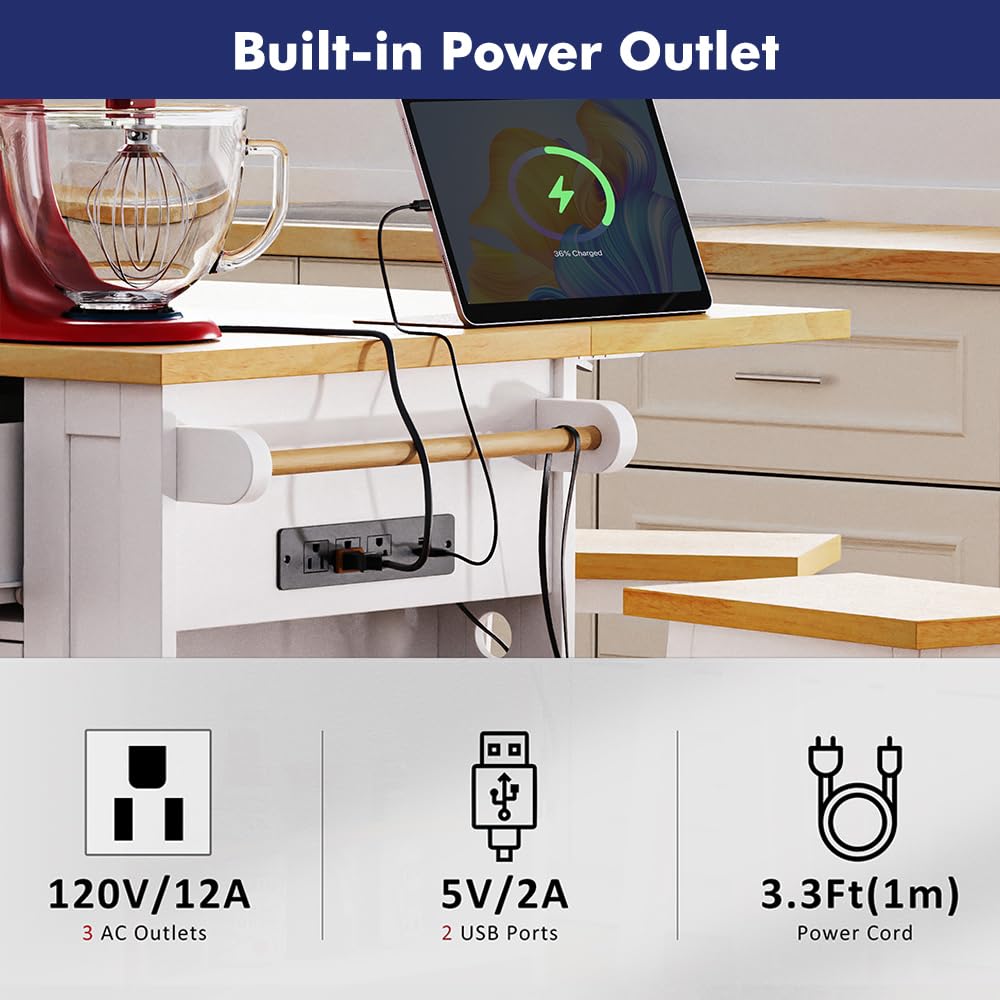 Kennkari Rolling Kitchen Island on Wheels with Drop Leaf, Wide Moblie Kitchen Island with Storage Cabinets and Power Outlet, Large Island Table with Towel Rack and Spice Rack (White) Kennkari