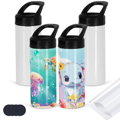 4 Pack Kid Sublimation Sports Water Bottle Blanks, 15 Oz Sublimation Tumblers Bulk Leak Proof Stainless Steel Bottles Flask with Portable Handle, Individually Boxed Micellwuu