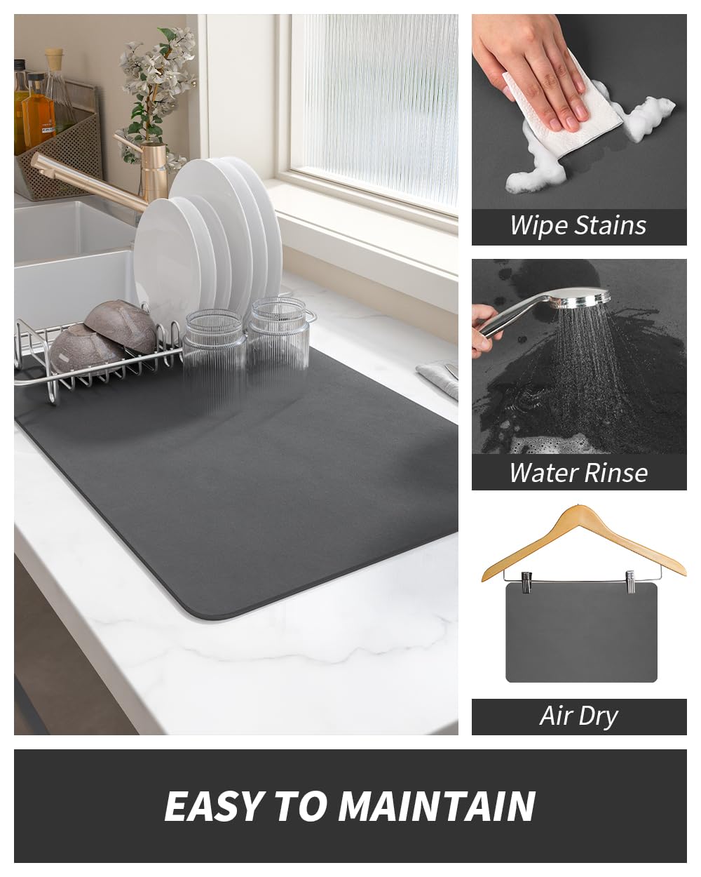 AMOAMI-Coffee Mat Hide Stain Rubber Backed Absorbent Dish Drying Mat for Kitchen Counter-Coffee Bar Accessories Fit Under Coffee Maker Coffee Machine Coffee Pot Espresso Machine 12"x19" Dark Grey AMOAMI