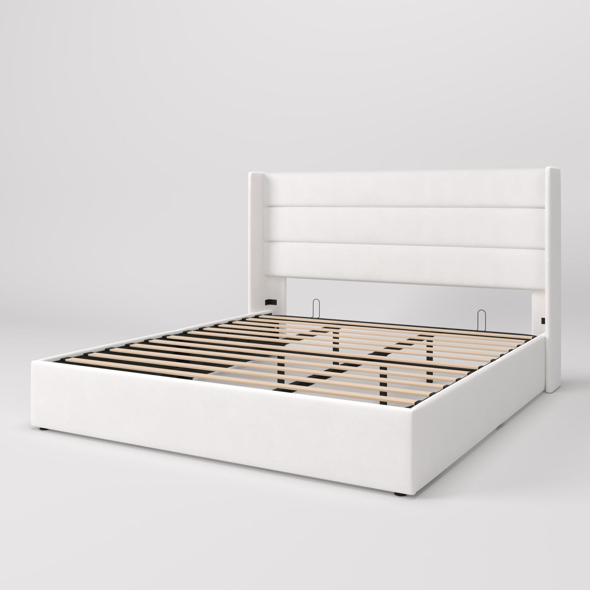 SHA CERLIN King Size Lift Up Storage Bed/Velvet Upholstered/Modern Wingback Headboard/Upholstered Platform Bed Frame/Hydraulic Storage/No Box Spring Needed/White SHA CERLIN