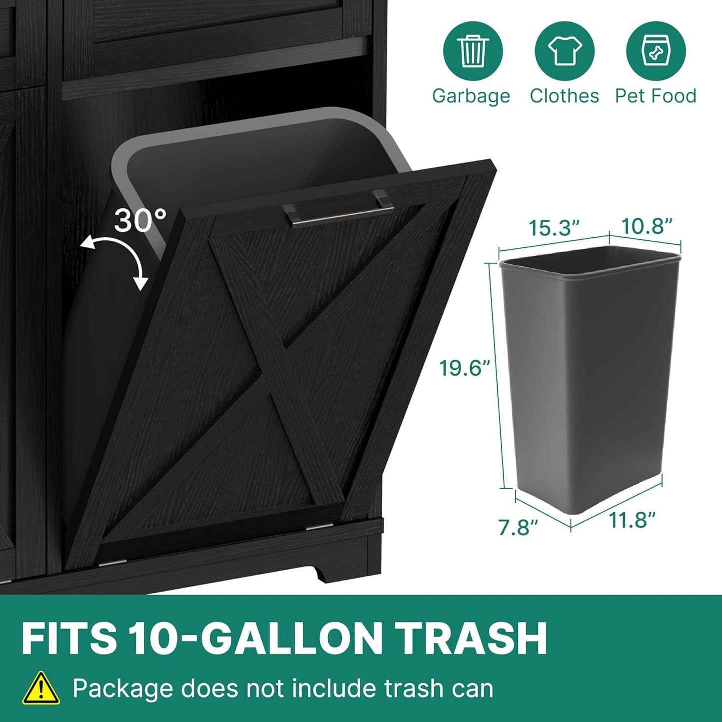 YITAHOME Double Tilt Out Trash Can Cabinet 20 Gallon, Laundry Cabinet with Barn Doors, Kitchen Trash Recycling Cabinet with 2 Drawer, Tilt-Out Hamper for Kitchen, Black