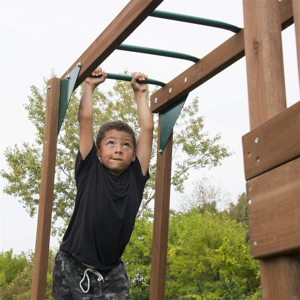 Swing-N-Slide WS 8356 Wooden Timberview Play Set with Two Slides, Monkey Bars, Wood Roof, Climbing Wall and Swings, Wood , Brown Swing-N-Slide