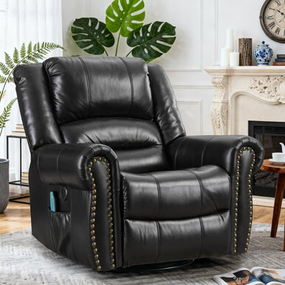 SOCIALCOMFY Swivel Rocker Recliner Chair with Heat and Vibration, 360° Swivel Glider Rocker Manual Reclining Chair, Massage Rocking Recliners with Side Pockets & USB Ports for Living Room, Black