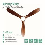 Savey'Sley Ceiling Fan with Lights and Remote, 60 Inch Indoor/Outdoor Modern Wood Led Ceiling Fan With Lights for Porch Bedroom Living Room, Noiseless, Reversible DC Motor, Dimmable 3CCT, Tri-Mount Savey'Sley