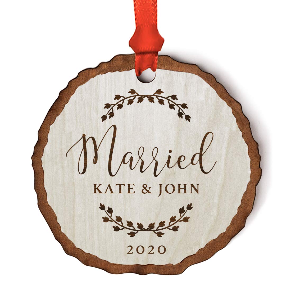 Andaz Press Personalized Wedding Engagement Real Wood Rustic Farmhouse Keepsake Christmas Ornament, Engraved Wood Slab, Married, Kate & John 2024, Rustic Laurel Leaves, 1-Pack, Custom Name - WoodArtSupply