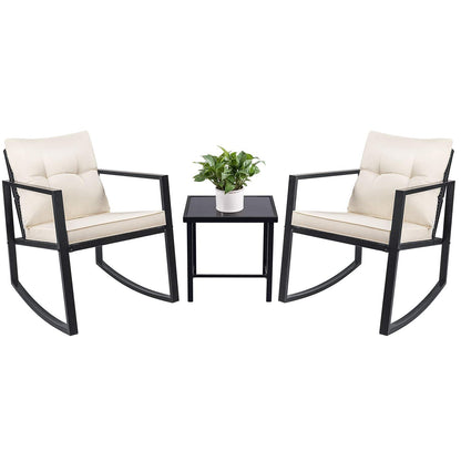 Devoko 3 Piece Rocking Bistro Set Wicker Patio Outdoor Furniture Porch Chairs Conversation Sets with Glass Coffee Table (Beige) - WoodArtSupply