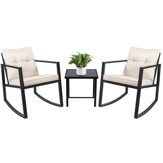 Devoko 3 Piece Rocking Bistro Set Wicker Patio Outdoor Furniture Porch Chairs Conversation Sets with Glass Coffee Table (Beige)