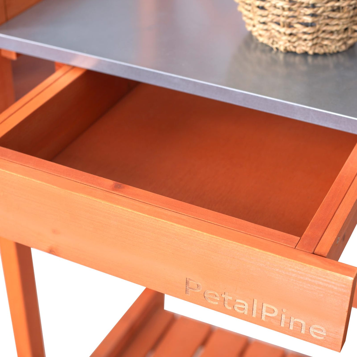 PetalPine Outdoor Potting Bench & Wooden Gardening Work Station Planting Table with Metal Tabletop, Drawer, Storage, and Hooks PetalPine