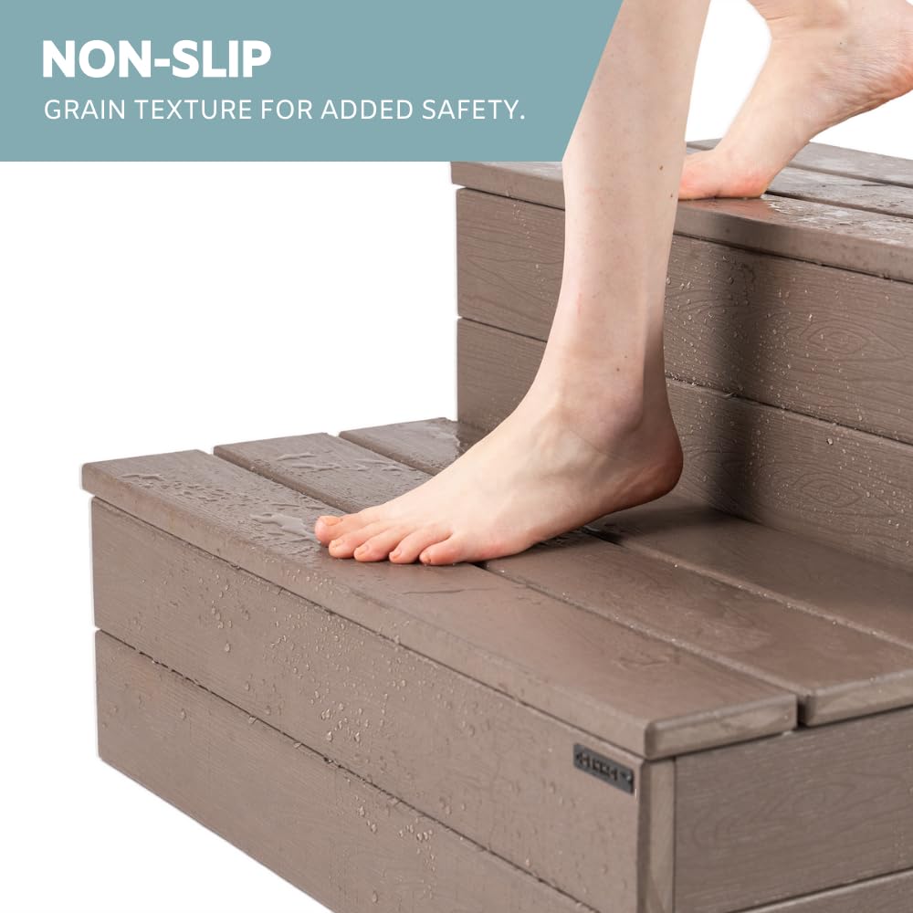 DENKOE Hot Tub Steps - Wood Looking Plastic Steps - 100% Waterproof Spa Steps - Brown Non Slip, Heavy Duty Outdoor Steps, Multi Use as Porch Steps, Hot Tub Stairs, or Outdoor Stairs, Fits Any Spa Size DENKOE