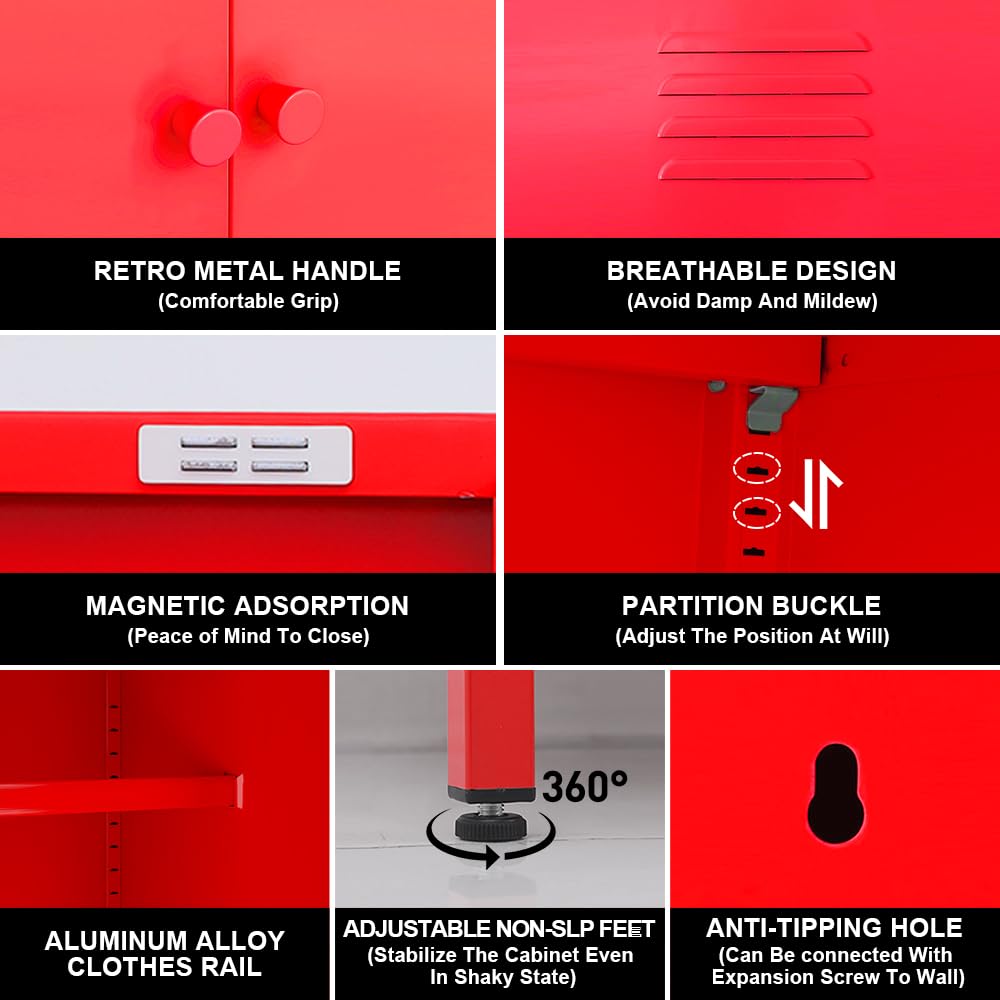 LINGZOE 2 Magnetic Doors Steel Wardrobe Closet Storages Accent Cabinet with Hanging Rod and Laminate,Classified Storage Metal Tall Storage lockers Armoire with Leg for Home Bedroom(red) LINGZOE