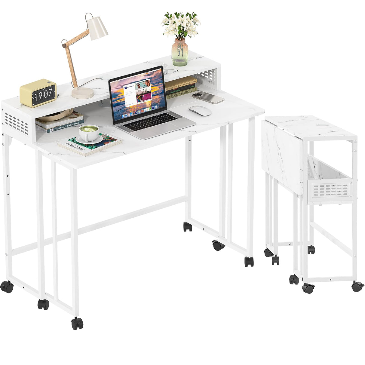 Gezen Folding Desk with Storage Shelf, Small Rolling Desk with Wheels, Mobile Couch Desk Sofa Side Table Bed Desk for Home Office Small Space, White Marble, 31.5" Gezen