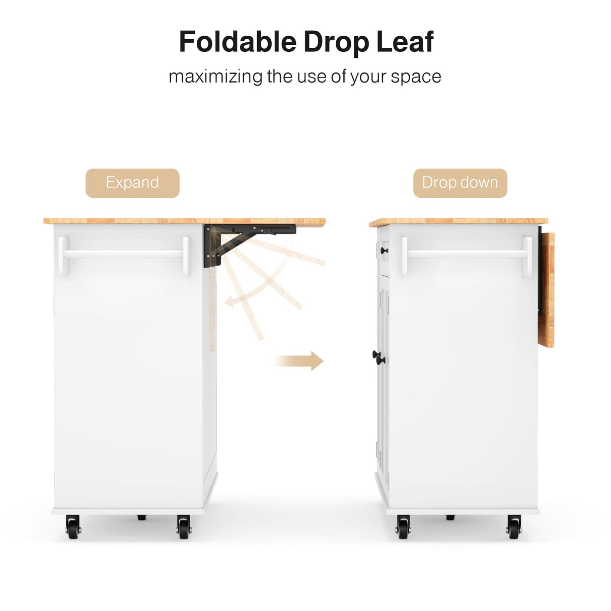 Ahomly Kitchen Island with Storage, 47.6" Rolling Kitchen Island on Wheels with Drop Leaf, Door Cabinet, Drawer, Spice Rack, Towel Rack and Knife Holder, Kitchen Cart Island Table for Kitchen, White Ahomly