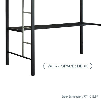 DHP Silver Twin Metal Loft Bunk Bed with Desk and Ladder, Ideal Space-Saving Design