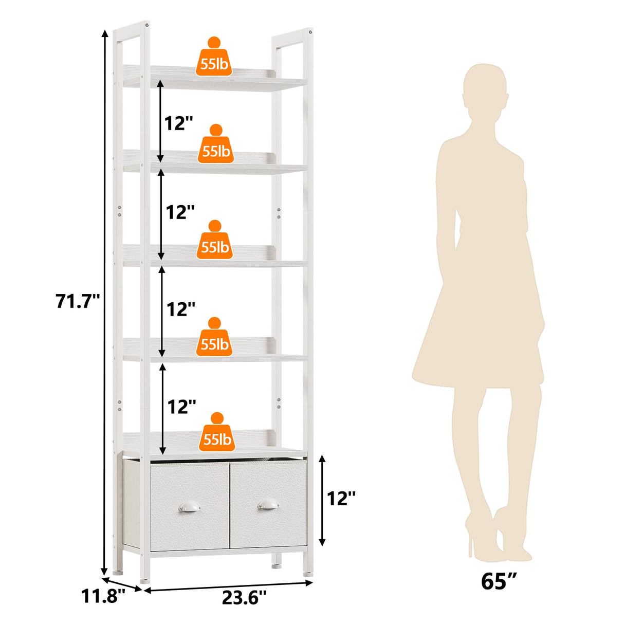 Furologee White 6 Tier Bookshelf with Drawers, Tall 71" Bookcase with Shelves, Modern Wood and Metal Bookshelves Storage Organizer, Display Free Standing Shelf Unit for Bedroom, Living Room, Office Furologee